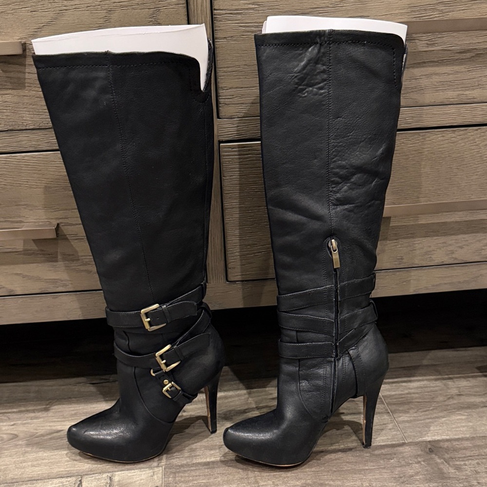 Sam Edelman Black Heeled Boots with Gold Buckles